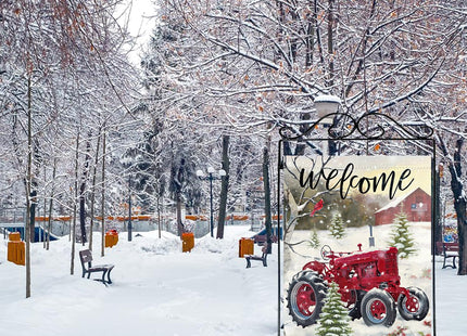 Furiaz Welcome Winter Red Tractor Large House Flag, Pine Tree Cardinal Red