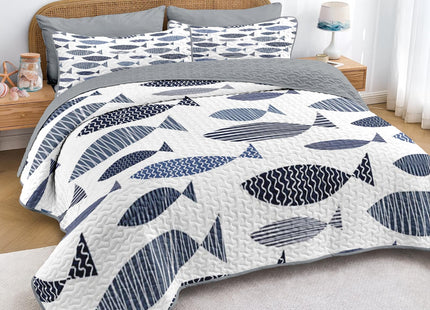 Pamnest Queen Quilt Set, 3 Pieces Coastal Fish Bedding, Bedspread