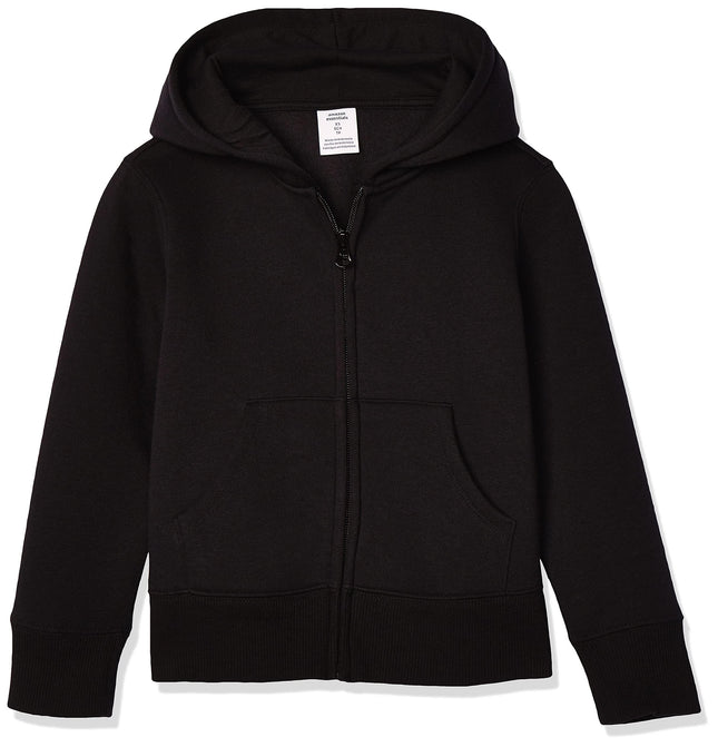 Amazon Essentials Girls' Fleece Zip-Up Hooded Sweatshirt with Lined Hood and Rib Knit Detail, Black, X-Large