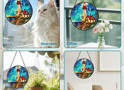 Lighthouse Stained Glass Window Hanging, Suncatcher Diamond Glass Panel Hangings, Suncatchers Indoor Windows Wall Art Decor, Gift for Mom Grandma, Christmas Decor for Home Office Garden 7.87 inches