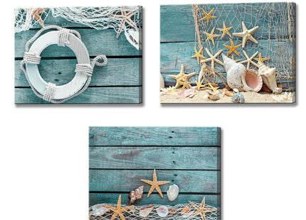 Biuteawal- 3 Piece Canvas Wall Art Starfish Shell on Teal Board Painting Prints Beach Nature Picture Canvas Artwork for Home Kitchen Bathroom Living Room Wall Decor Ready to Hang