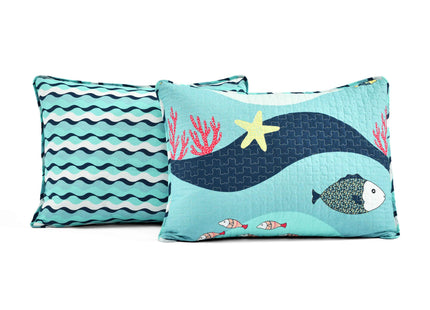 Lush Decor Sea Life Reversible Cotton Quilt Twin Size 3 Piece Set Blue - Kids Bedding Set Twin Quilt Blue - Coastal Bedroom Decor - Beach House