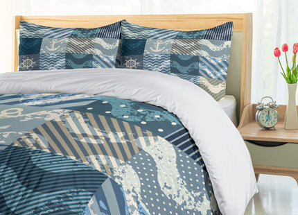 Ambesonne Nautical Duvet Cover Set, Marine Theme Wave Patterns in Patchwork Style Boxes Squares Striped Anchor Print, Decorative 3 Piece Bedding Set with 2 Pillow Shams, King Size, Blue Beige