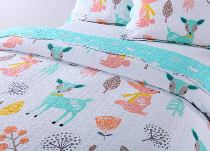 Queen Linens 100% Cotton 2 Piece Kids Quilt Bedspread Comforter Set Throw Blanket for Teens Boys Girls Kids Beds Bedding Coverlet Teal Blue Forest Deer (Twin)