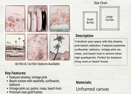 SOUHLP Blush Pink Coastal Canvas Wall Art, 12''x16''