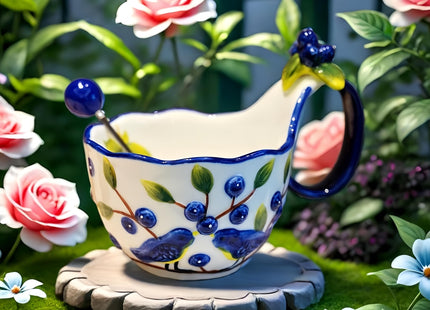17.64 Oz Microwave Safe Soup Bowl with Loop Handle, Hand Painted Relief Blueberry Decor Mug Big Handle, Ceramic Soup Bowl with Spoon Set for Holding Fruits Cereal Snack, Milk,Ice Cream,Olive and Salsa