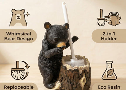 BGBWBFBR Whimsical Black Bear Toilet Brush Holder Set - Unique Cub Shape Decorative Bathroom Cleaning Kit for Cabin Owners, Bear-Themed Home Decor, Cozy Cabin Gifts