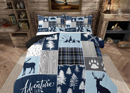 Hunting Bear Deer Quilt,Christmas Buffalo Plaid Comforter Set Twin Size Rustic Cabin Patchwork Duvet Sets For Kids Boys Teens Adult,Farmhouse Cowboy Woodland Bedding Set,1 Pillow Case,Blue Grey
