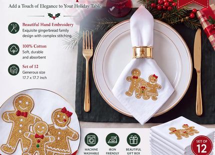 HunnmingRe 12 Pcs Gingerbread Christmas Cloth Napkins Set, 17x17 Inch