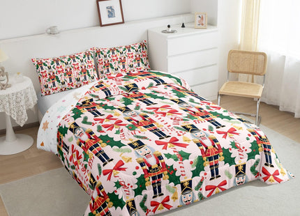Feelyou Nutcracker Christmas Bow Comforter Set Toddler Size Royal Guarder Duvet Quilt for Kids Girls Xmas Pine Tree Leaves Bedding Set Pink White Soft Warm 1 Pillow Case