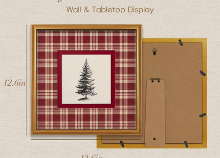 TwoDays Vintage Christmas Wall Art, Red Plaid Pine Tree Gold Framed Print