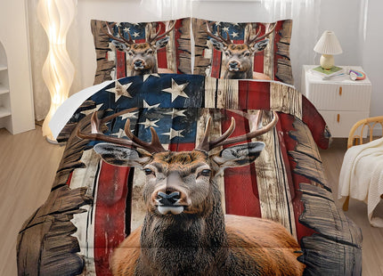 Nttopship Deer Hunting Comforter Sets Twin Size,American Flag Bedding Set 3 Piece for Girls Women Teens Adult Kids Boys,Woodland Moose Wildlife Room Decor Comforter Set with 2 Pillowcases