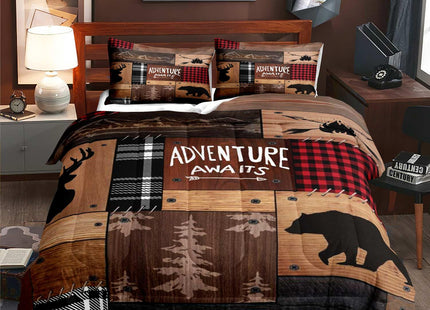 LUVIVIHOME 3PCS Cabin Comforter Set King Size, Rustic Farmhouse Bedding, Black Bear Deer Elk Moose Forest Animal Wildlife Hunting Country Brown Patchwork White Red Plaid Lodge Quilt, 2 Pillow Shams
