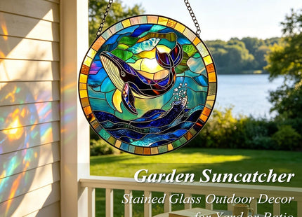 8 Inch Stained Glass Window Hanging Whale Sun Catcher with Display Stand – Mantel or Tabletop Decor for Living Room, Kids Room, Coastal Home, Ocean Marine Life Gift for Beach Lovers Nature Enthusiasts