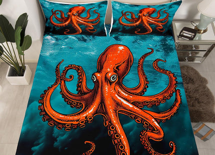 Octopus Ocean Bed Sheet Set 4 Piece,Red Marine Life Mystery Undersea World Blue,Quality Brushed Microfiber Bedding Set with Flat,Fitted Sheet,2 Pillow Cases,Full