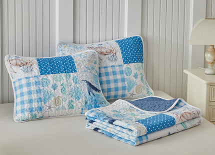 Patchwork Coastal Quilt Sets Queen Size - Reversible Microfiber Dolphin Turtle Ocean Style with Blue Whale Seahorse Soft Beach Bedding Nautical Bedspread Coverlet Summer Comforter with 2 Shams