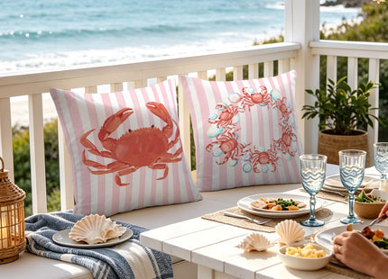 Exqcom Coastal Red Crab Pillow Covers 18x18 Set of 2, Nautical Coastal Red Crab Bubbles Pink White Striped Throw Pillow Covers for Beach House Home, Preppy Beach Room Decor