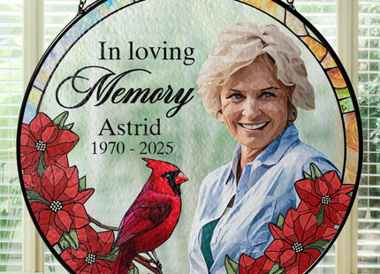 Fastpeace Personalized Loved One Photo Stained Glass Suncatcher - Cardinal in Loving Memory Keepsake Gift - Custom Photo, Name, Years (Cardinal Memorial)