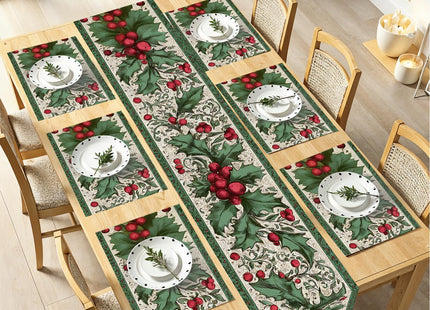 Christmas Table Runners and Placemats Set of 6, Holly & Berries Design, Green & Red, Perfect for Holiday Dining, 7-Piece Christmas Table Decoration