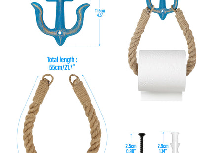Beach Nautical Toilet Paper Roll Holder Coastal Wall-Mounted Rope Towel Holder with Metal Hook for Bathroom Decor Accessories, Natural Rustic Jute Rope with Anchor Pirate Seaside Themed (Blue)