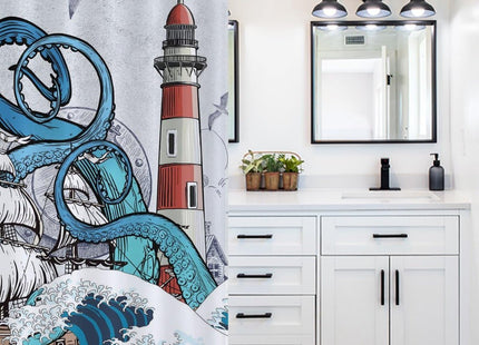 Lnepty Nautical Octopus Shower Curtain,Navy Blue Funny Ocean Kraken Shower Curtains for Bathroom Anchor Coastal Map Waterproof Fabric Bath Curtain Decor with Hooks,72x72Inch