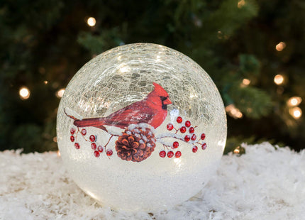 Cardinal on Pinecone Crackle Glass LED Light Globe, 6 in