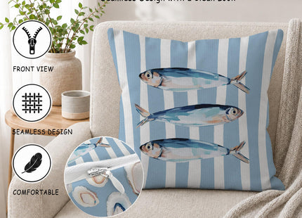 HIWX Blue Coastal Beach Sardine Fish Oyster Pillow Covers 18x18, Coastal Beach Room Decor, Beachy Marine Biology Decorative Pillow Covers for Couch Bed Home Bedroom Living Room Decor 1 Pack