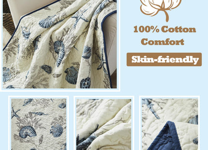 Brandream Ocean Comforter Sets Twin Size 100% Cotton Lightweight Quilt Set Coverlet Sets Navy Coastal Bedding Twin XL 2-Piece