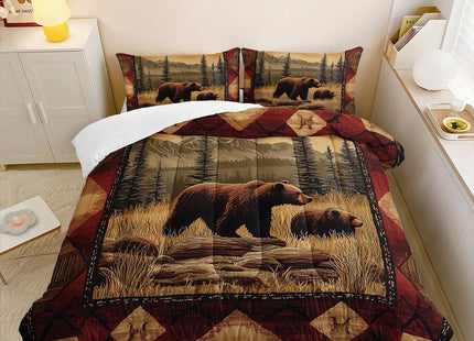 XYNHML Rustic Bear Wild Hunt Animal Comforter 3Pcs Queen Natural Forest Wildlife Brown Bear Bedding Set for Kid Teen Boy Girl Adult Retro Mountain Lake Quilt Decor with 1 Comforter and 2 Pillowcases