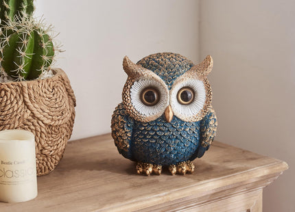 FJS Blue Gold Owl Figurine Modern Owl Statue Home Decor Accent