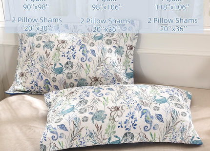 SUCSES 3Pcs Ocean Quilts Queen Size Cotton Coastal Quilt Bedding Set with Sea Turttle Seahorses Pattern Soft Oversized Bedspread Coverlet with 2 Shams for Beach Theme Room Decor