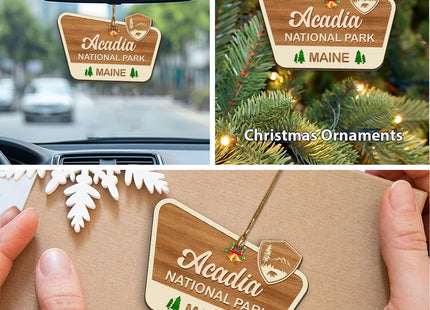 Acadia National Park Wooden Ornament, Acadia Mountain Landscape Scene Bear Decor for Christmas Tree, USA National Park Gifts for Travelers, Hiking Lovers, Keepsake Souvenirs for Family, Friends