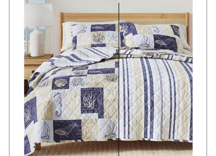 Great Bay Home Coastal Quilt Set - 3-Piece King/California King Size Nautical Patchwork Bedding Set - Lightweight, All-Season, Reversible Bedspread (Coastal Patchwork)