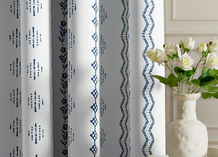 NICETOWN 100% Blackout Boho Curtains for Bedroom 2 Panels, W52 x L84 in, Coastal Rustic Floral Indigo Zigzag Patterned Thermal Insulated Drapes for Beach House, Bohemian Full Light Blocking Shades