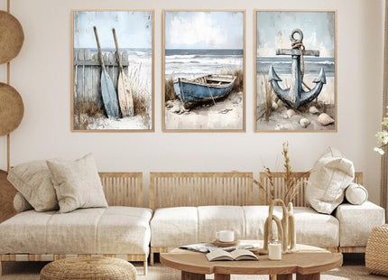 3Pcs Nautical Beach Wall Art Sailboat Paddle And Anchor Paintings Pictures Wall Decor Nautical Posters Prints Artwork Suitable for Living Room Bedroom Home Office Corridor Home Decroation