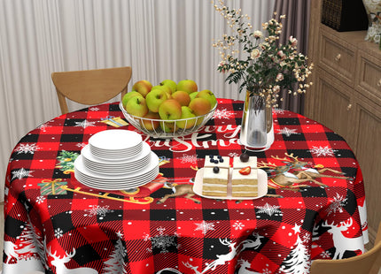 Granbey Christmas Reindeer Round Table Cloth - Red Xmas Buffalo Plaid Tablecloth 60 Inch Winter Snow Snowflakes Table Cover Decorative for Christmas Holiday Kitchen Party Home