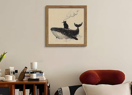 Framed Funny Black Cat and Whale Canvas Wall Art, Whimsical Minimalist Animal Painting Wall Decor, Smoking Kitty Ocean Poster Print Picture for Bedroom Living Room Bathroom Home 16x16 Inch