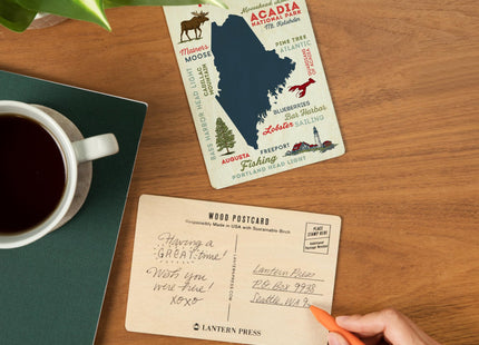 Maine, Typography and Icons (4x6 Birch Wood Postcards, 2-Pack Stationary, Rustic Home Wall Decor)