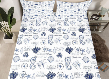 Coastal Fitted Sheet Twin Size,Seashell Conch Seahorse Starfish Coral Bedding Set 2Pcs,Ocean Beach Nautical Bed Sheet for Kids Teens Adult Room Decor,Navy White Deep Pocket Sheet,1 Pillowcase