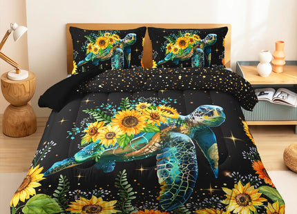 CVHOUSE Sea Turtle Comforter Set Twin Size,Ocean Turtle Sunflower Bedding Set for Kids,Ocean Turtle Sunflower Quilt Set Turtle Duvet Set Coastal Bedroom Decor 3 Pieces