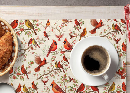 Red Cardinal Linen Placemats Set of 4, Washable Non-Slip Heat-Resistant Bird Berry Printed Table Mats for Kitchen Dining Table, Gift for Bird Lovers, Nature & Christmas Enthusiasts, Kitchen Home Decor