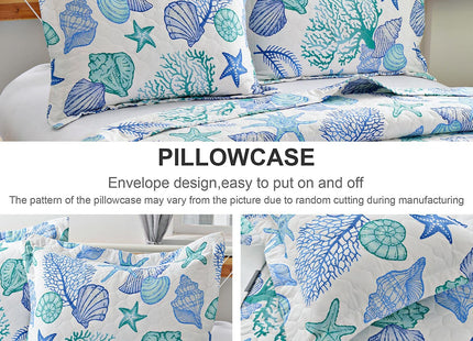 Junsey 3 Piece Quilts Twin Size Ocean Theme,Lightweight Coastal Beach Theme Bedding Seashell Conch Starfish Bedspread Ocean Creature Coverlet with 2 Pillowshams