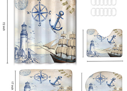 4Pcs Nautical Lighthouse Shower Curtain Sets, Sailboat Coastal Compass Anchor Bathroom Decor with Non-Slip Rugs, Toilet Lid Cover and Bath Mat, Waterproof Shower Curtains with 12 Hooks, 72 x 72 Inch