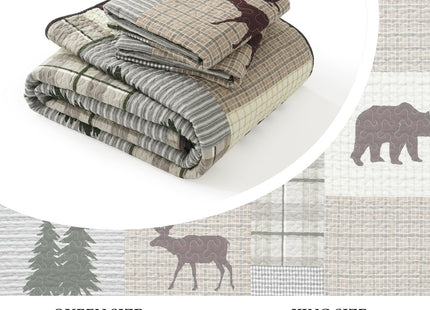 Uniclinens Quilt Set Queen Size, Cotton Quilted Quilt Bedding Set Bedspread, Bear Tree Elk Farmhouse Rustic Quilt, Patchwork Plaid Comforter Set, 3 Pieces Set with 2 Pillowshams, Brown/Grey/Green
