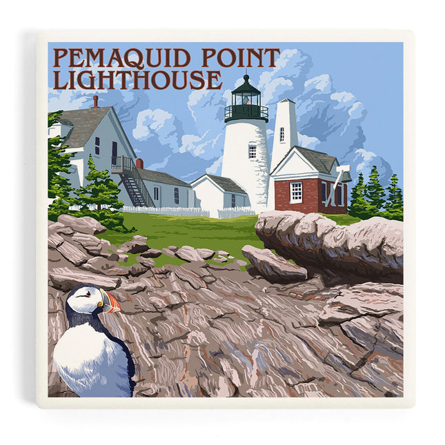 Lantern Press Maine, Pemaquid Lighthouse (Absorbent Ceramic Coaster, Single, Cork Back, Kitchen Table Decor)