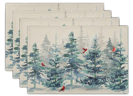 Winter Forest Tree Placemats Set of 4，Pine Tree Christmas Red Bird Heat Resistant Non Slip Place Mats Cotton Linen Tablemats for Dining Table Kitchen Decor 18 x 12 Inch