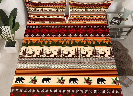 Erosebridal Woodland Bed Sheetss Twin,Abstract Bear Elk Deer Sheet Set Tribal Rustic Cabin Fitted Sheet for Boys Teens,Exotic Aztec Geometric Floral Top Sheet Western Wild Animal Room Decor,Brown