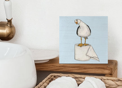 VIIJJUE Seagull Beach Bathroom Decor, Seagull Wooden Box Signs Coastal Decor, Funny Wood Signs for Bathroom Restroom Toilet Counter Shelf , 5x5 Inch（Blue）