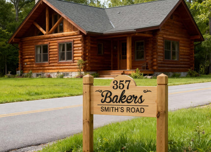 Personalized Outdoor Wood Decor Custom Family Name Wood Cabin Sign with Posts Engraved Wooden Address Sign Outdoor Camping Signs Housewarming Gift