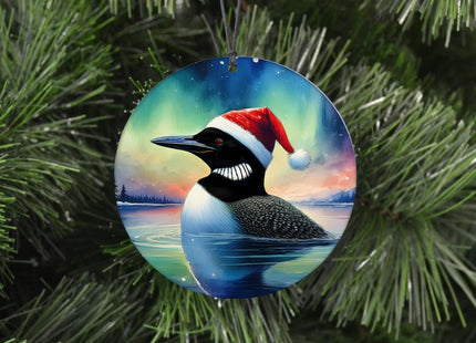 Loon Christmas Ornament - Santa Hat and Northern Lights - 2026 Bird Decor